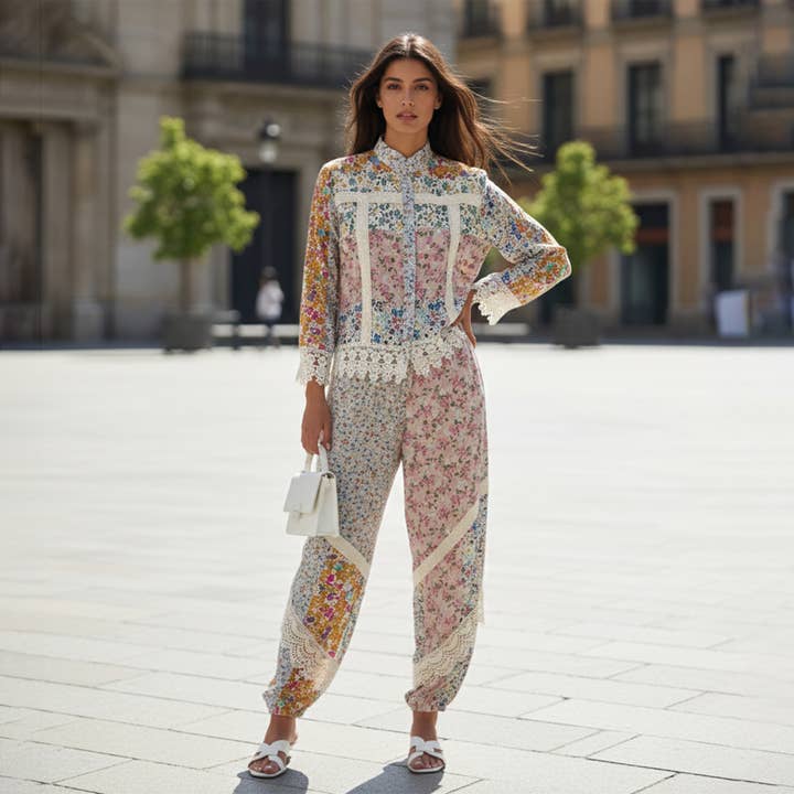 Ensemble Chemise Courte Bohème Chic & Pantalon à Dentelle Cheville - Vendu en Ensemble pour la vente par Young Threads