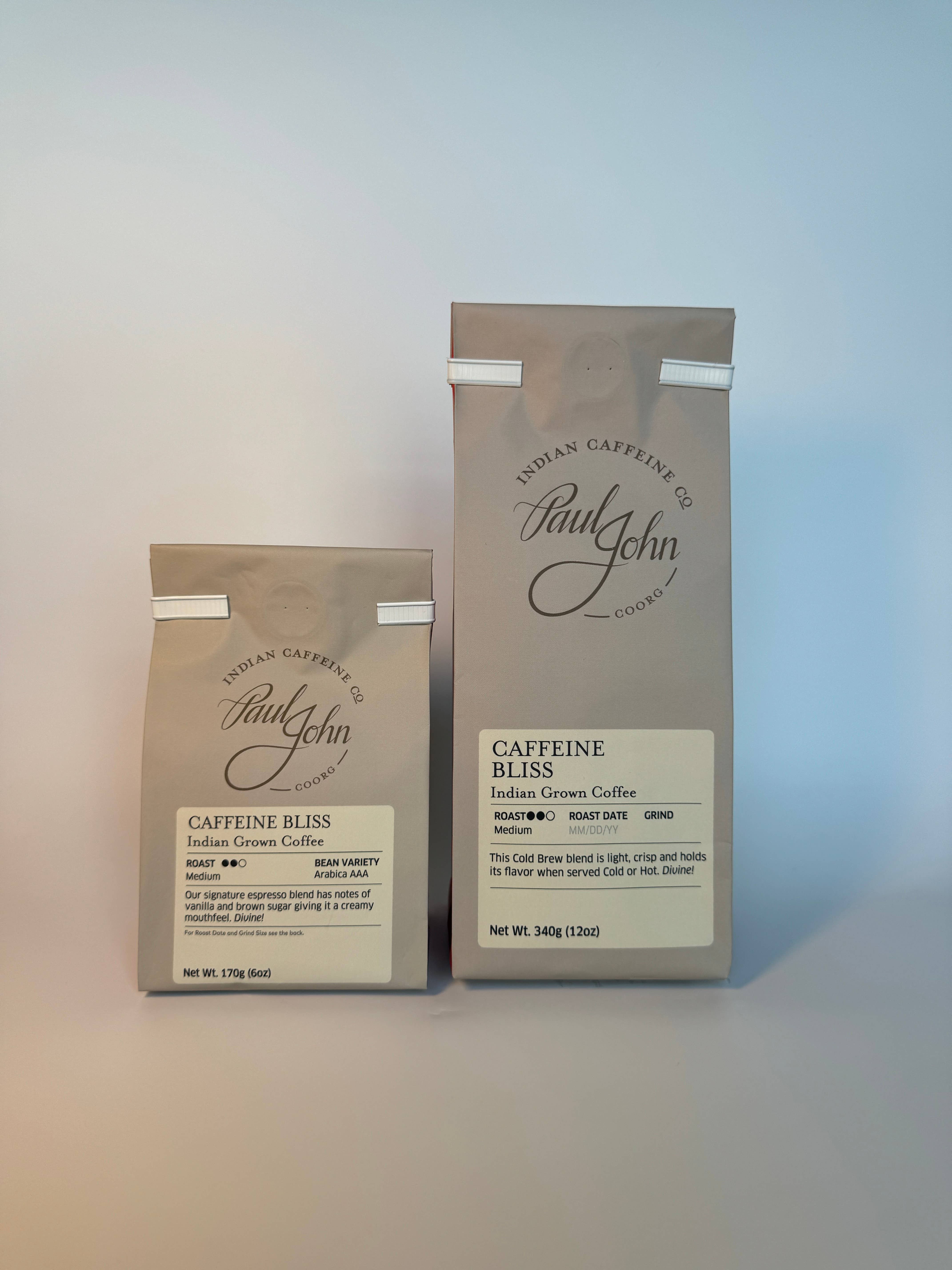 Paul John Indian Caffeine Co. - Wholesale Coffee Beans - Indian Coffee, Caffeine Bliss, 12 oz bags, Beans1