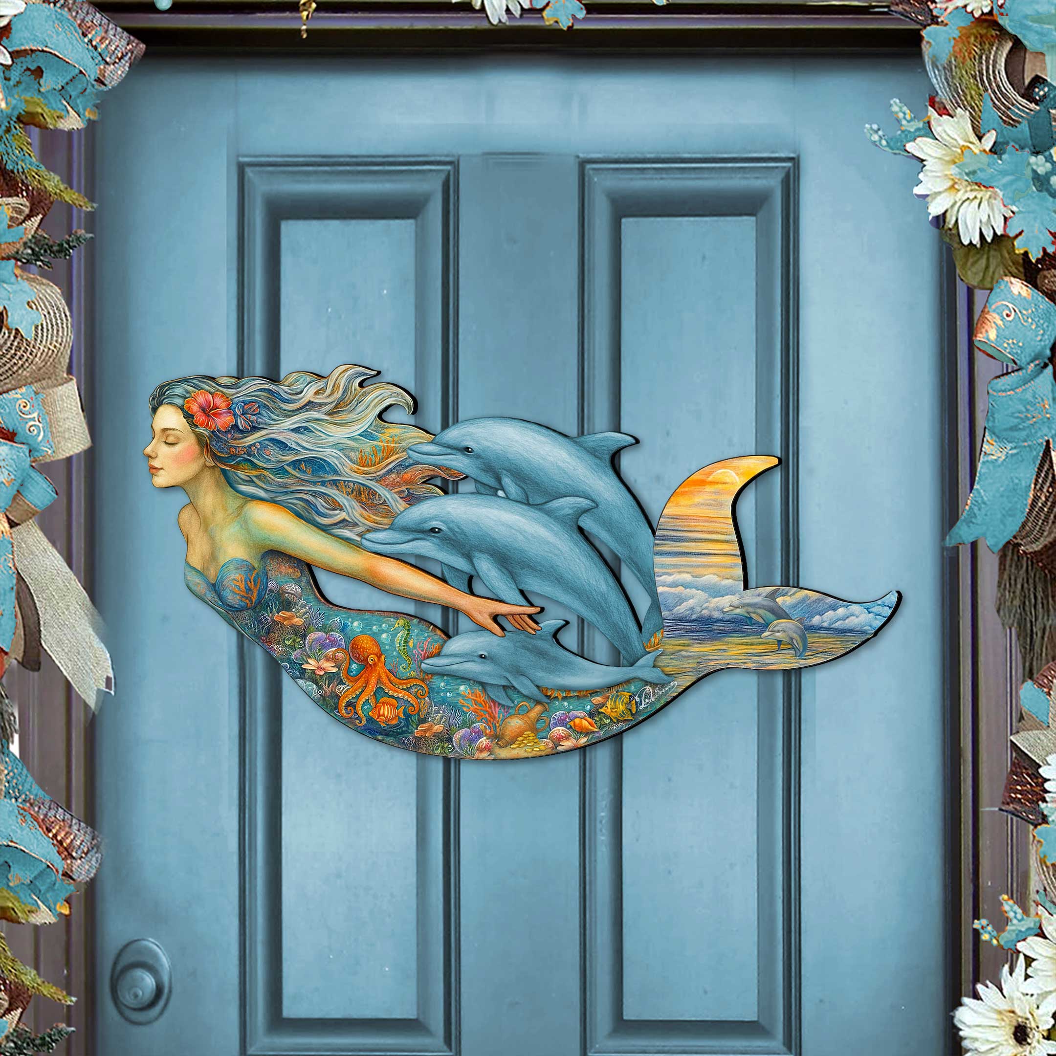 Designocracy - Wholesale Door Hanger - Mermaid & Dolphins Coastal Door Hanger - Handcrafted Ocean Fantasy Art Decor by G. DeBrekht - Coastal Holiday Decor - 81985143H0
