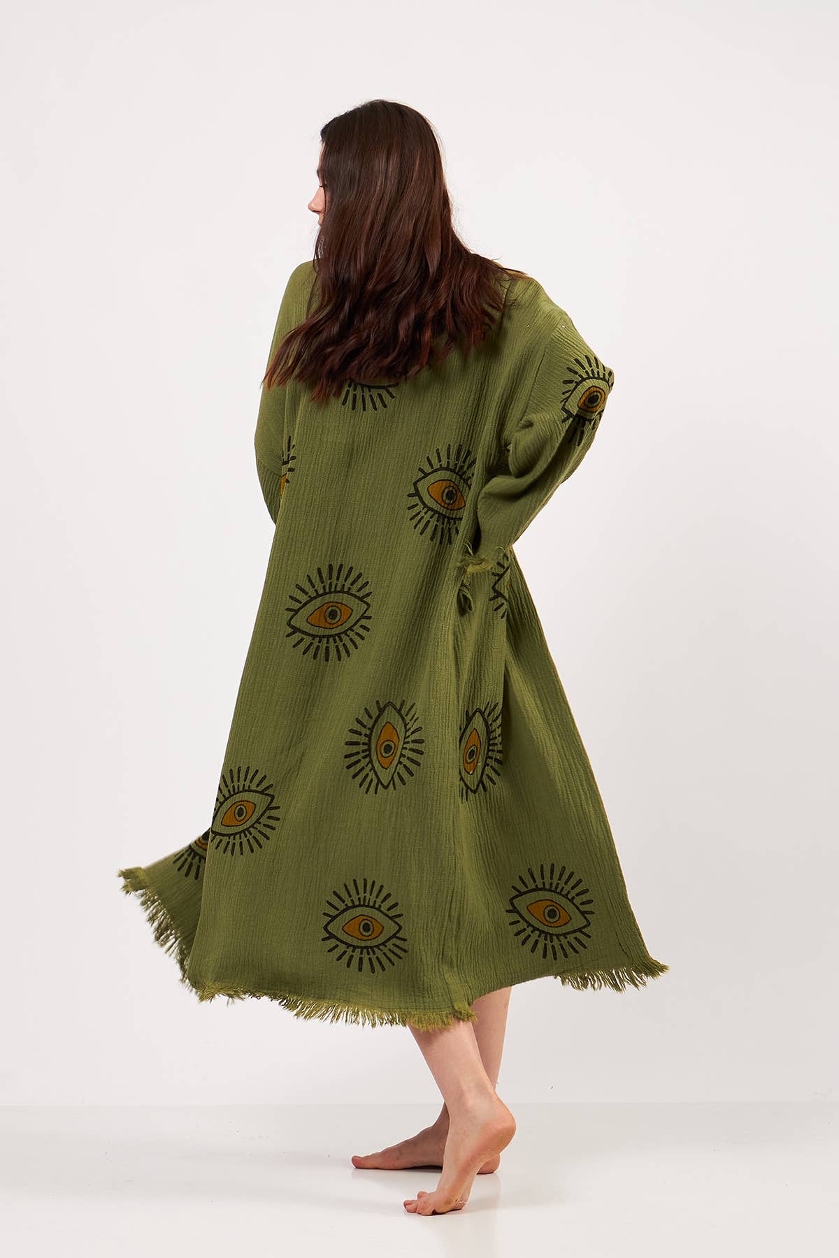 Yaz Concepts - Wholesale Kimono - Women's - Turkish Evil Eye Print Olive Green Robe Festival Kimono 12