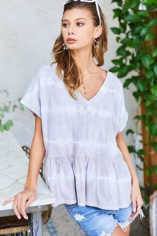 GREY V Neck Drop Shoulder Baby Doll Tie-Dye Top for wholesale on Faire1