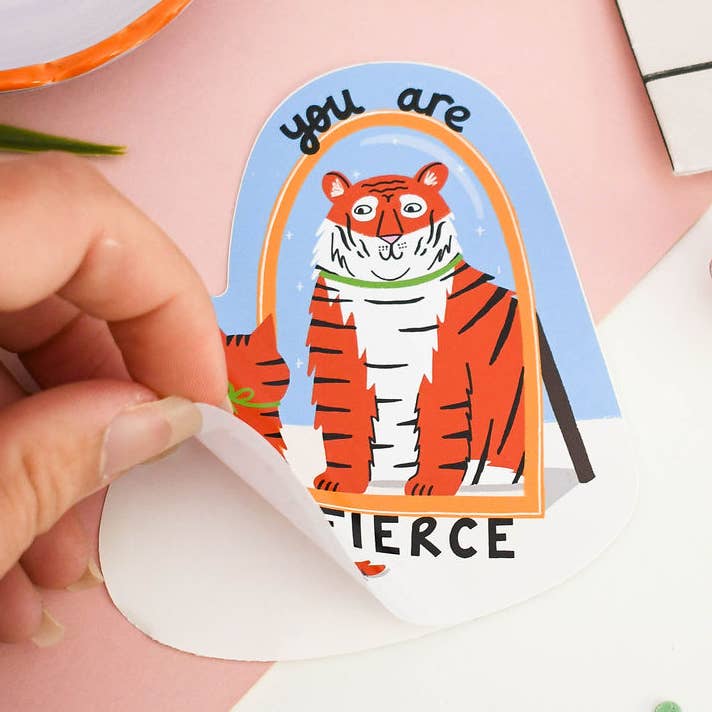 You Are Fierce - Cat and Tiger Colourful Vinyl Sticker for wholesale by Nat Ellis Illustration