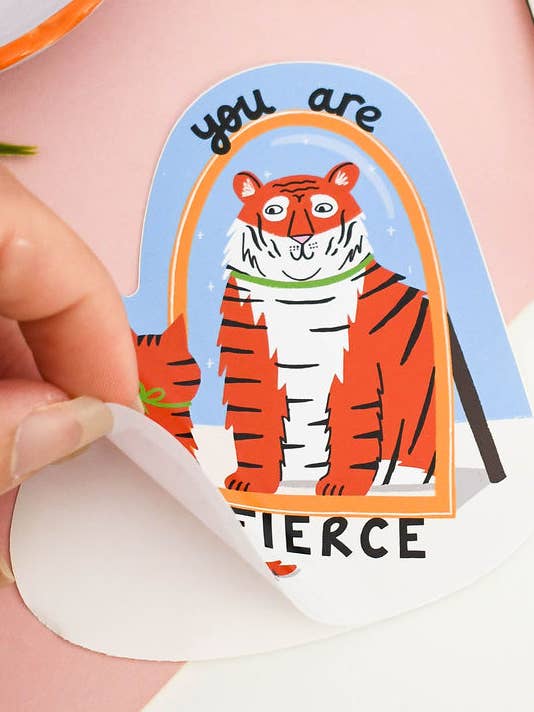 You Are Fierce - Cat and Tiger Colourful Vinyl Sticker for wholesale by Nat Ellis Illustration
