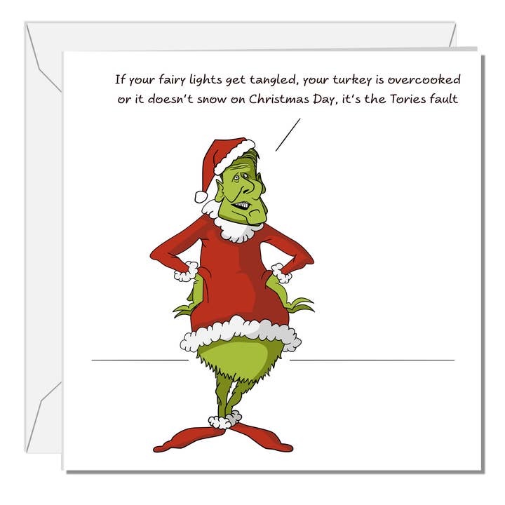 Carte de Noël drôle de Keir Starmer Grinch Député travailliste Élection Vote Parlement Dessin animé coquin et insolent pour la vente par Swizzoo Cards