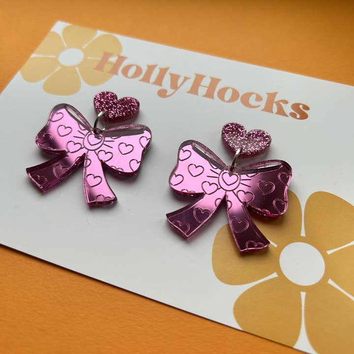Heart Printed Bow Lasercut Acrylic Earrings for wholesale by HollyHocks Jewellery