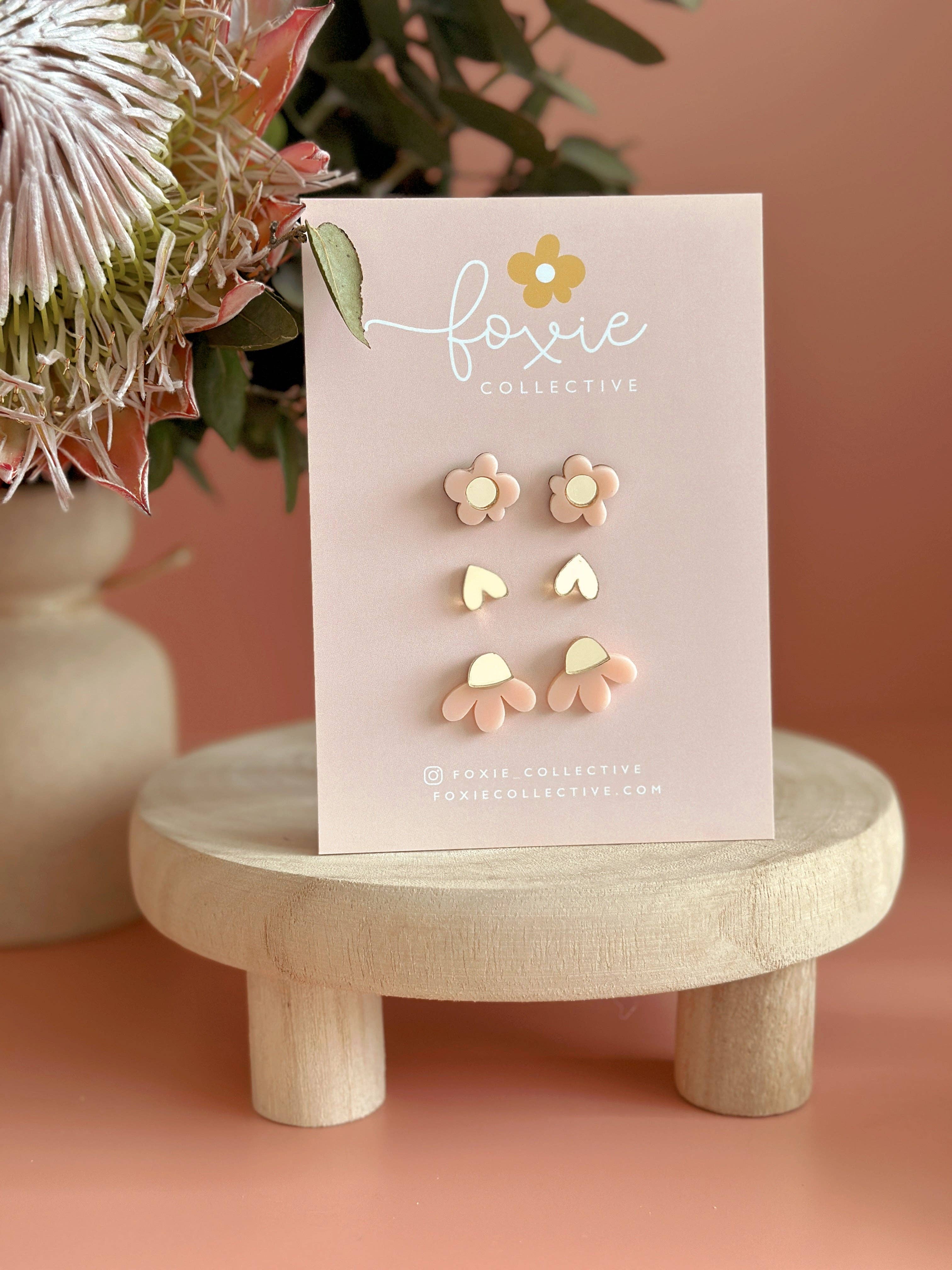 Foxie Collective - Wholesale Jewellery set - Stud Pack Trio #5 | Pale Pink + Gold | WHOLESALE