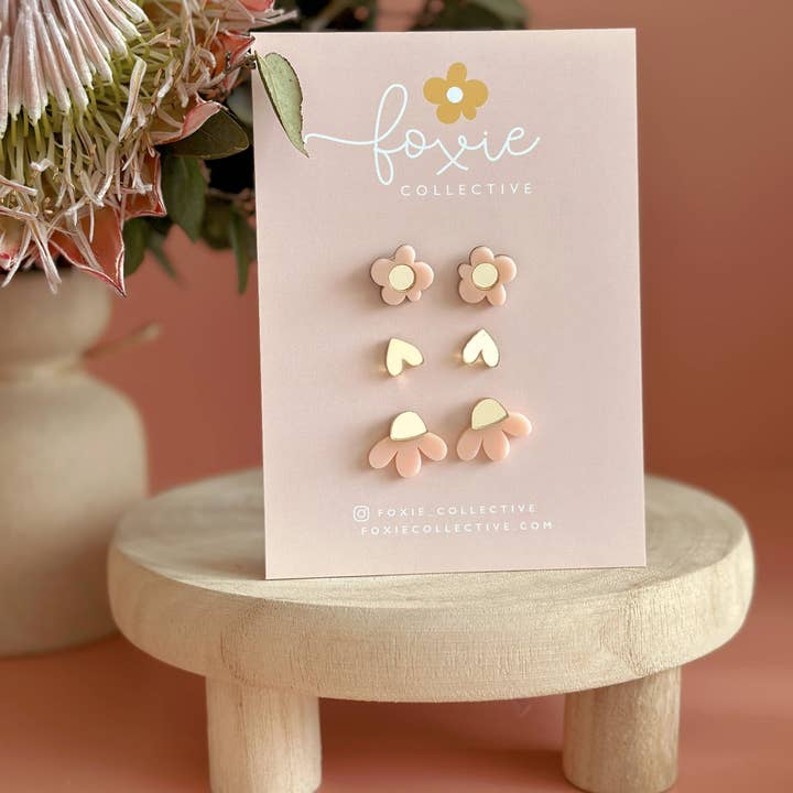 Foxie Collective - Wholesale Jewellery set - Stud Pack Trio #5 | Pale Pink + Gold | WHOLESALE0