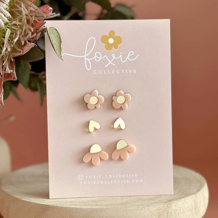 Foxie Collective - Wholesale Jewelry Set - Stud Pack Trio #5 | Pale Pink + Gold | WHOLESALE