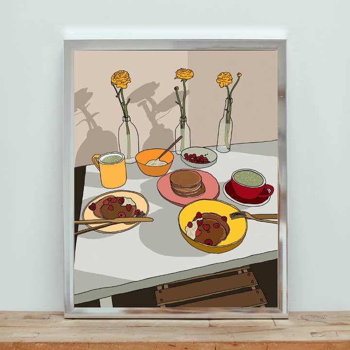 Pancakes, Flowers, and Matcha Breakfast or Brunch Print for wholesale by Pancake Press