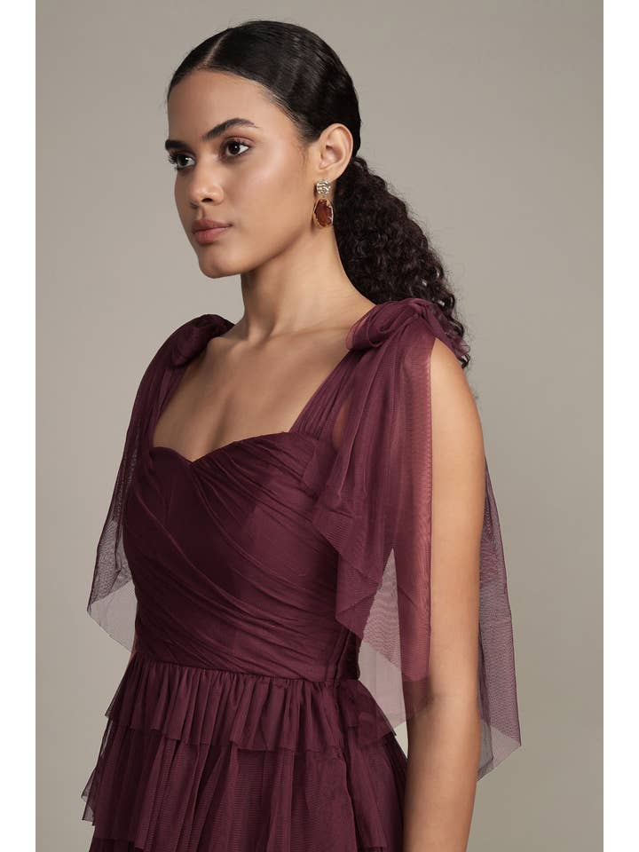 Ophelia Tulle Maxi Dress with Tie Detail in Plum for wholesale on Faire6