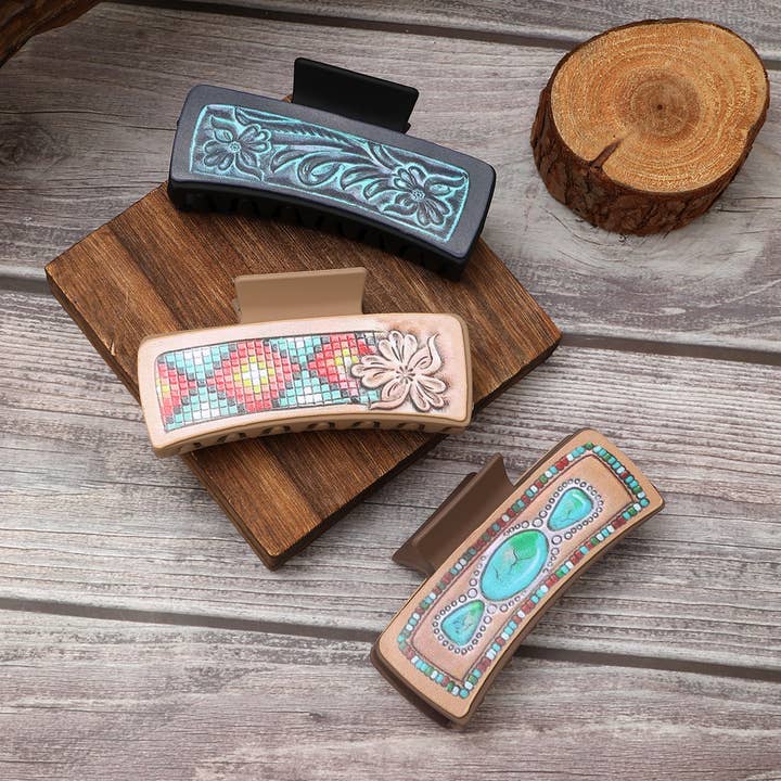 ACCITY - Wholesale Hair Clip - Women's - DENIM PATTERN LEATHER WESTERN HAIR CLAW CLIPS_CWASC1620