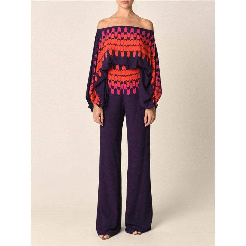 UZ Wholesale Store - Wholesale Top & Pant Set (NOT Loungewear) - Women's - Printing Boat Neck Balloon Sleeve Top And Wide Leg Pants Two Pieces Suits3