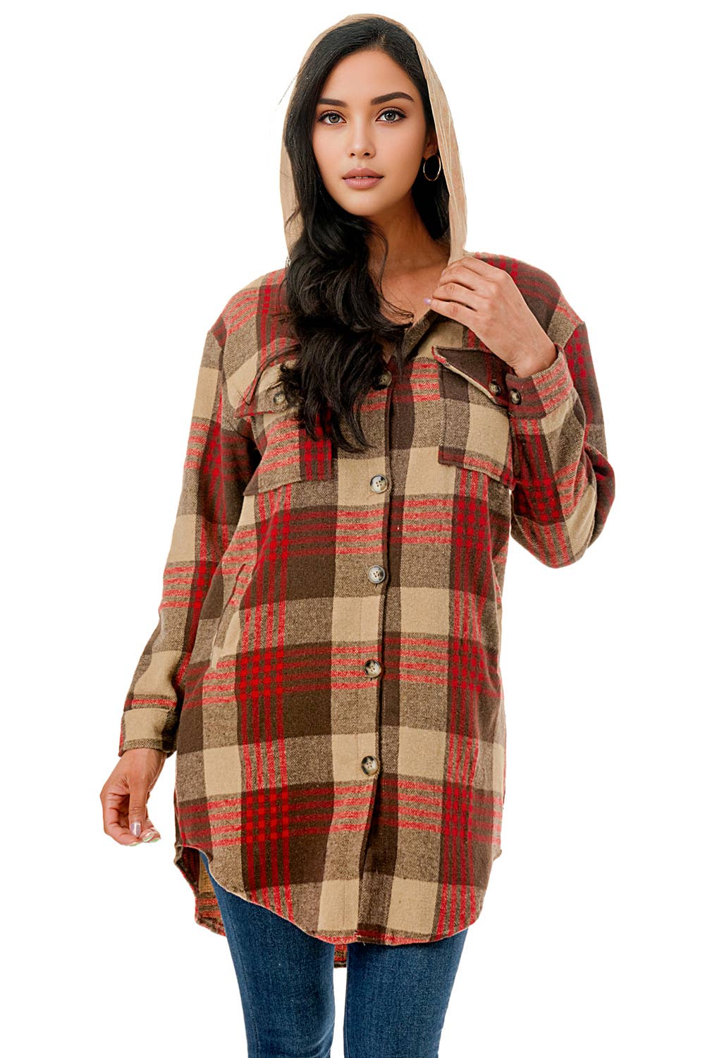 Color 5 - Wholesale Shirt Jacket/Shacket - Women's - Red beige plaid flannel long shacket with hoodie and pockets3