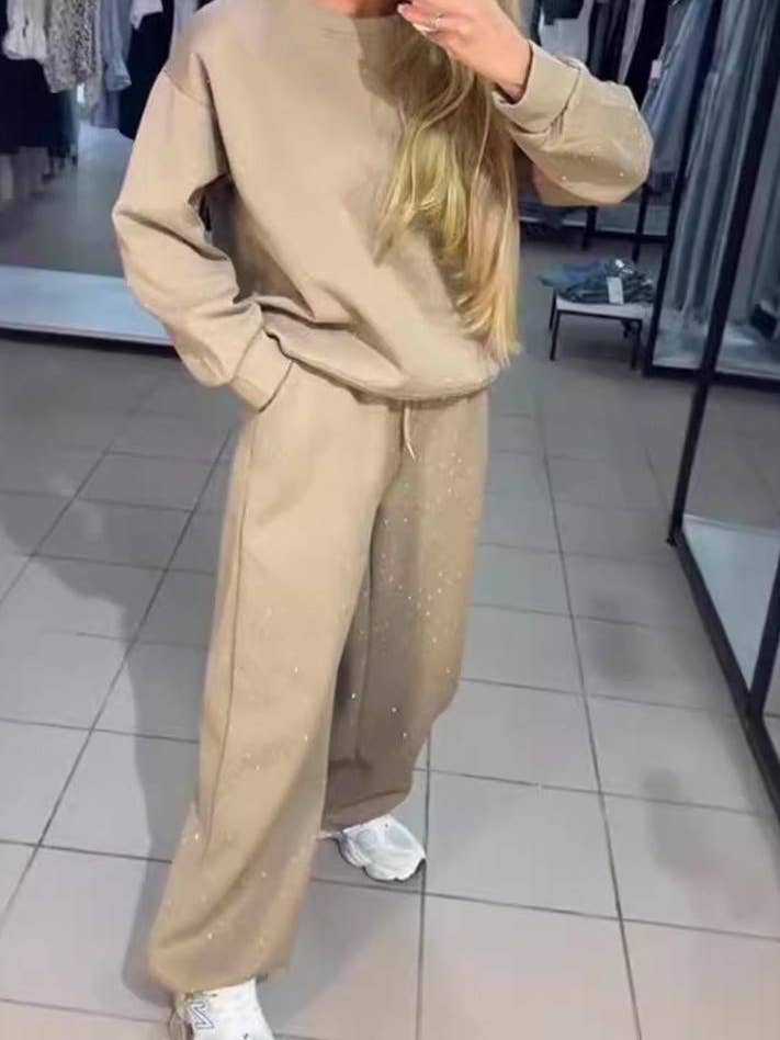 Rosa Clothing - Wholesale Top & Pant Set (NOT Loungewear) - Women's - Allover Rhinestone sweatshirt wide leg Leisure set5