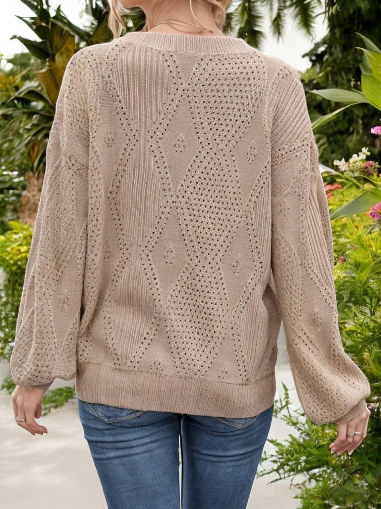 Khaki Textured Knit Sweater with Balloon Sleeves and Crew Neck for wholesale on Faire2