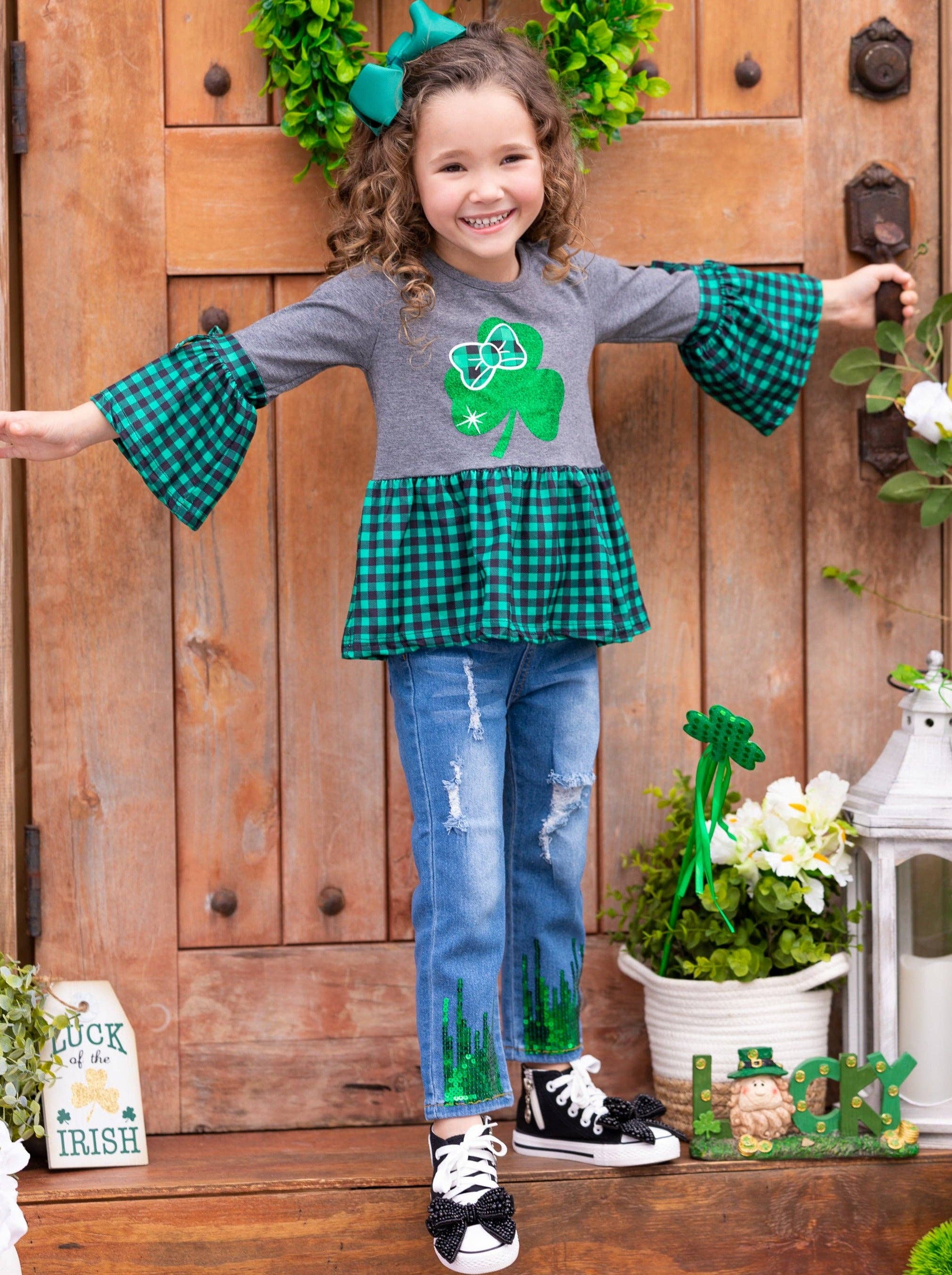 Green Leprechauns Love Plaid Ruffle Top for wholesale on Faire0