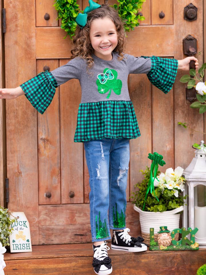 Green Leprechauns Love Plaid Ruffle Top for wholesale on Faire