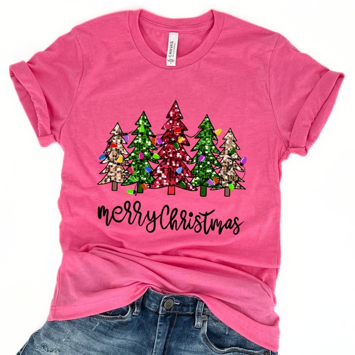 Merry Christmas women's t-shirt, Faux sequins, Holiday trees for wholesale by ATTA TOOD LLC
