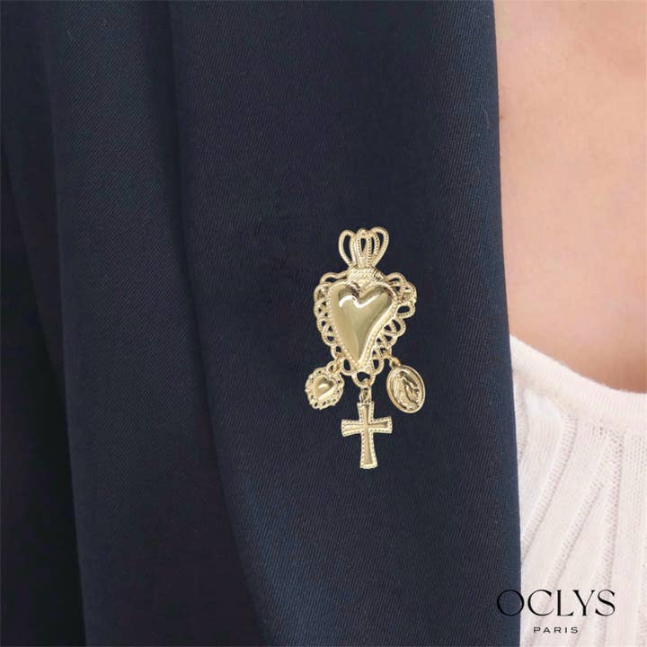 San Valentino - Spilla cuore ex voto in acciaio inossidabile dorato per la vendita all'ingrosso da parte di Oclys