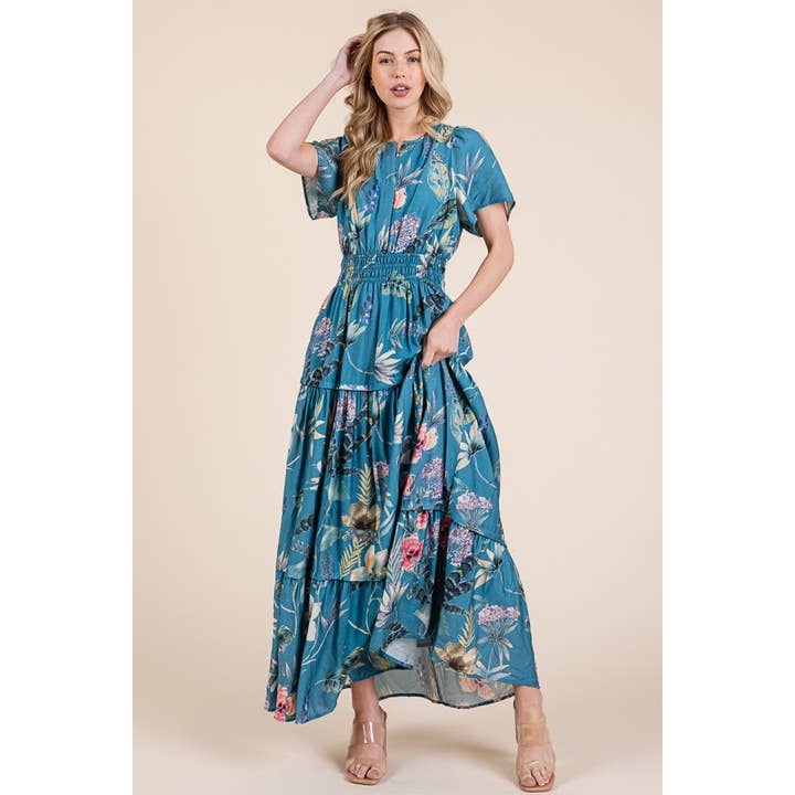 BLUE COMBO Floral Print Split Neck Tiered Maxi Dress for wholesale on Faire