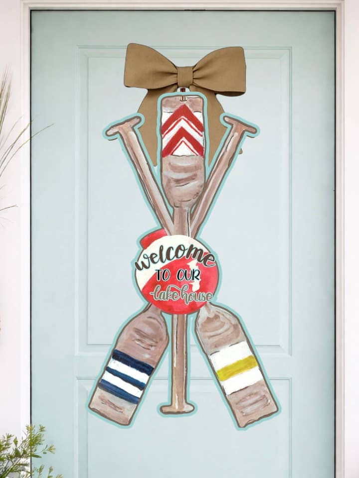 LARGE Designer Welcome to the Lake Oar Paddles Door Hanger for wholesale by Mid Mod Design LLC