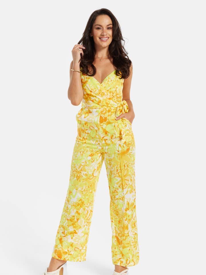 Liquorish Yellow And Orange Floral Print V-Neck Jumpsuit for wholesale by Liquorish
