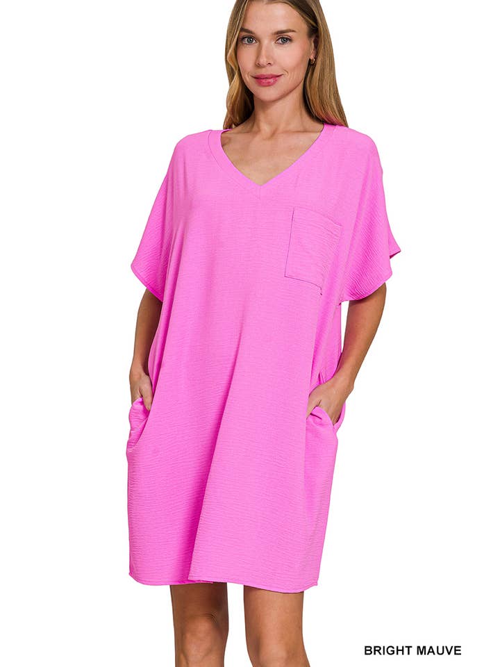 42POPS - Wholesale Dress - Women's - SI-26408 Woven Airflow V Neck T Shirt Dress With Pockets