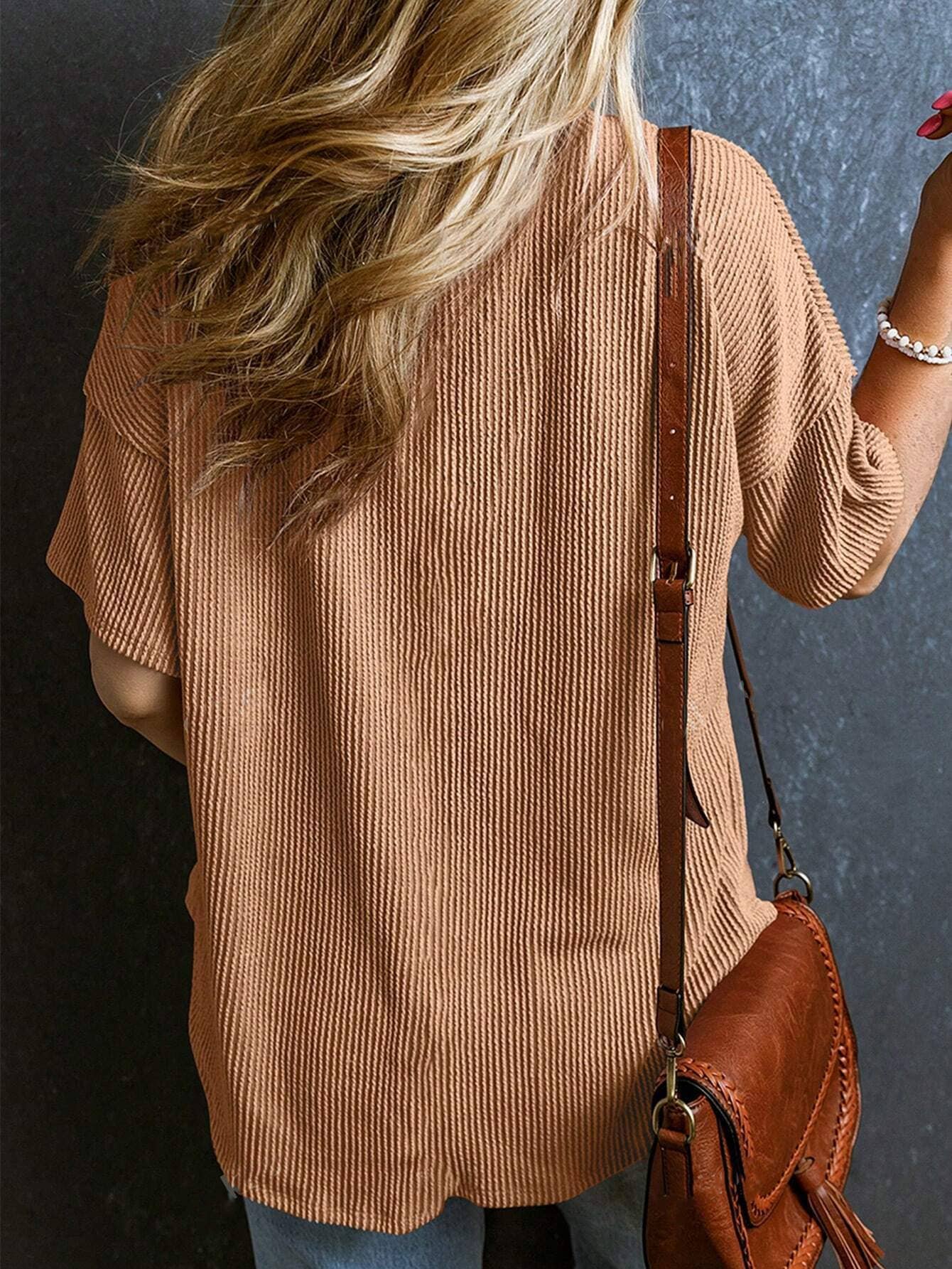 Lovesoft - Wholesale T-Shirt - Women's - Women's Valerian Corded V Neck Chest Pocket Loose T-shirt47