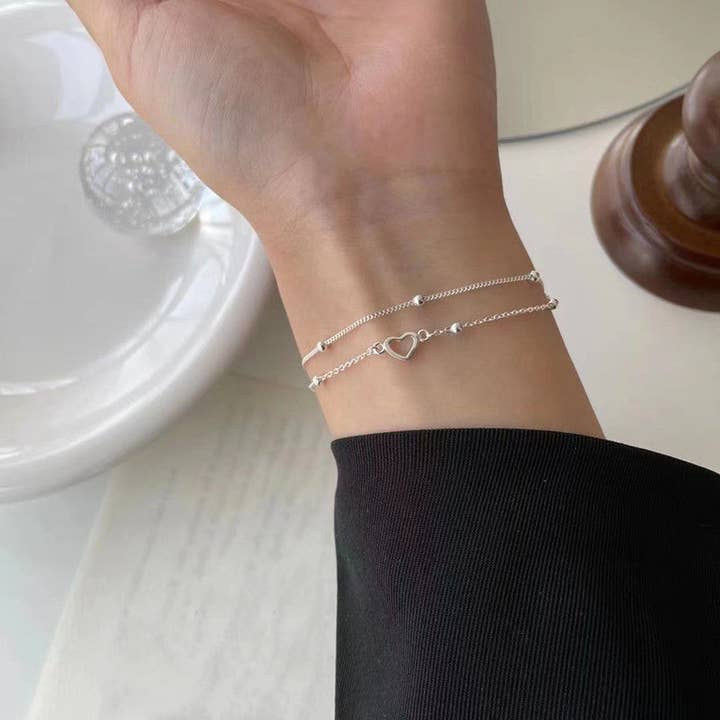 Perimade & Co. LLC – wholesale Berlockarmband – Hjärtpärla Dubbel kedjearmband i 925 Sterling Silver