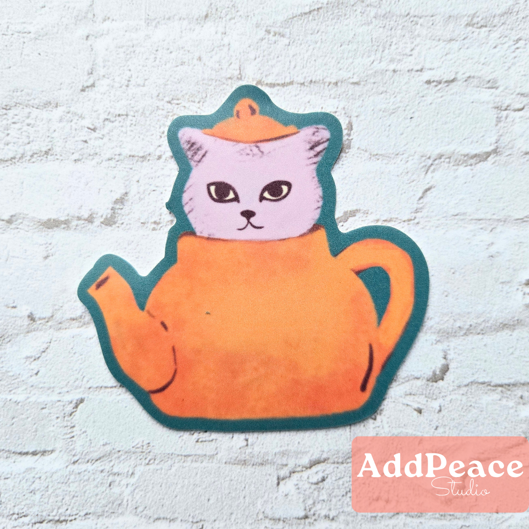 AddPeace Studio - Wholesale Sticker - Cat in a Tea Kettle, If I Fits I Sits Funny Cat Sticker1