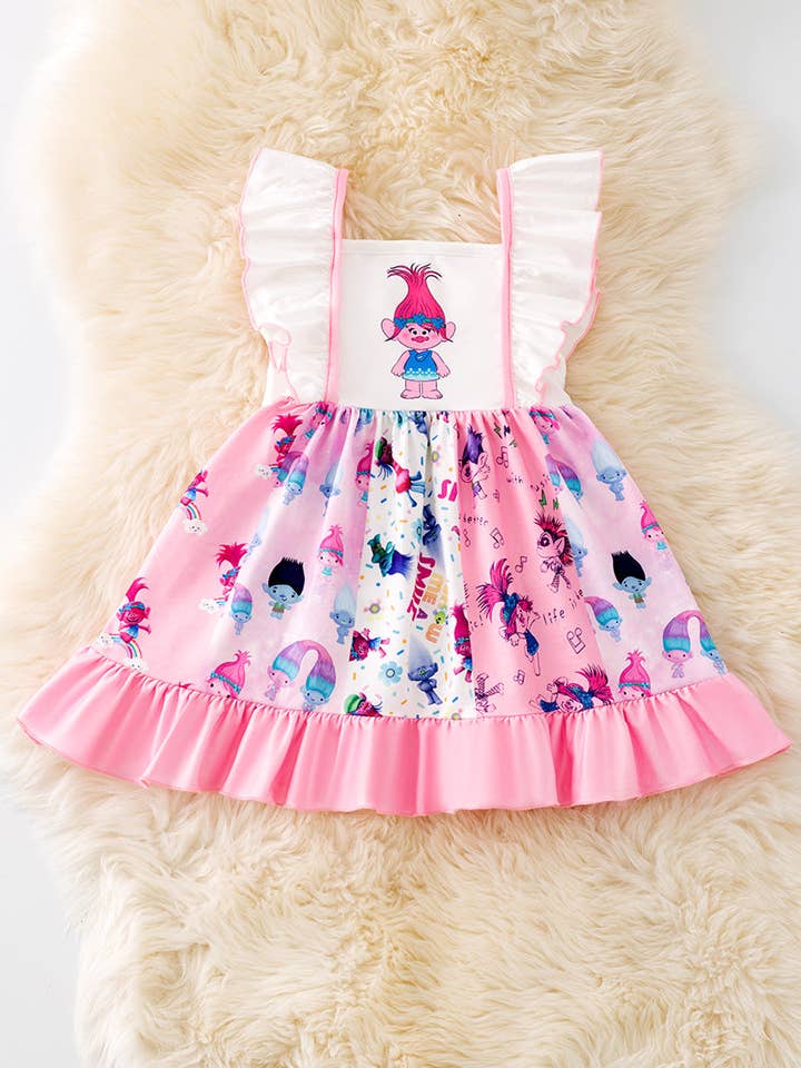 Multi-Printed cartoon character printed ruffle hem dress. for wholesale by Kids Charm Online