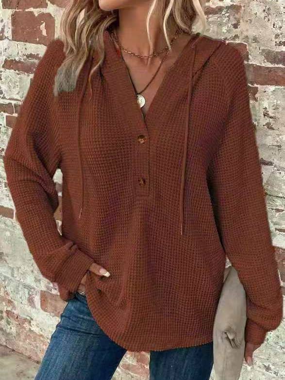 safistyle - Wholesale Hoodie - Women's - Women’s Waffle Knit V-Neck Hoodie Sweatshirt4