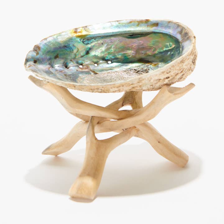 Liv Rocks - Wholesale Smudge Plate - Abalone Shell + Wood Tripod Stand Kit, Natural Smudge Bowls0