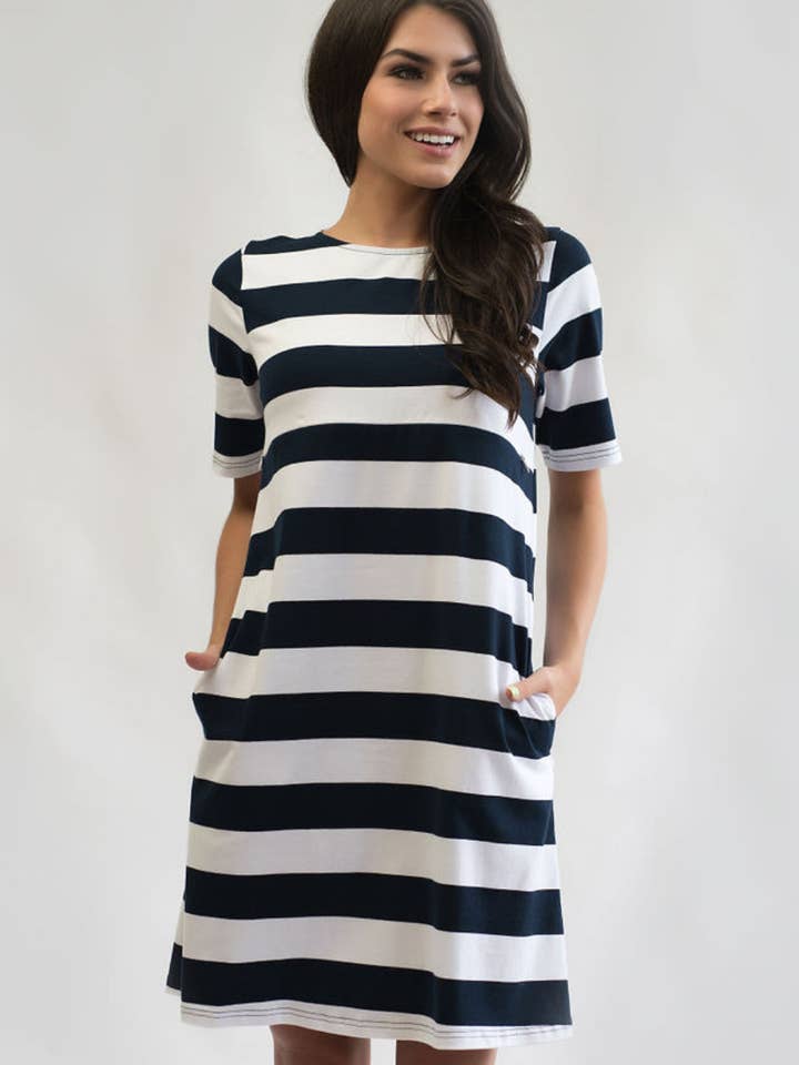 Nursing Dress With Pockets- Hidden Zipper - WIDE Stripe - Navy/White for wholesale by Nursing Queen