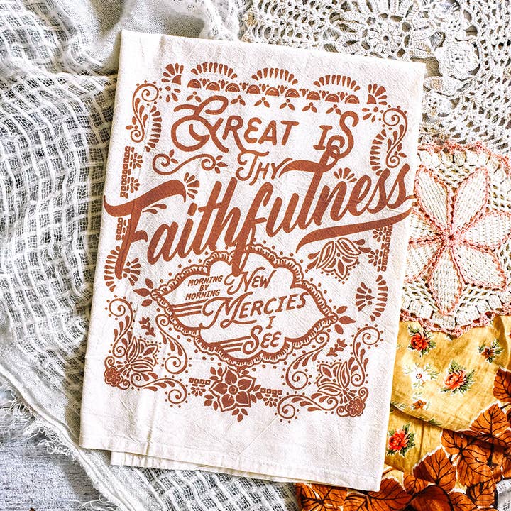Great is Thy Faithfulness Script Hymn Tea Towel for wholesale by Fancy That Design House & Co.