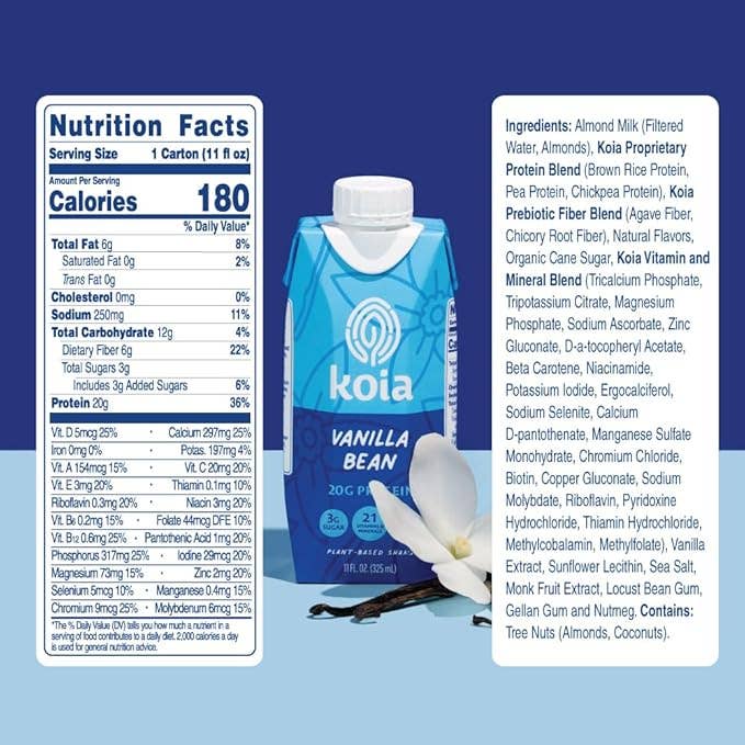 Koia - Wholesale Protein/Superfood Powder - Vanilla Bean Nutrition Shake - 12pk Shelf Stable