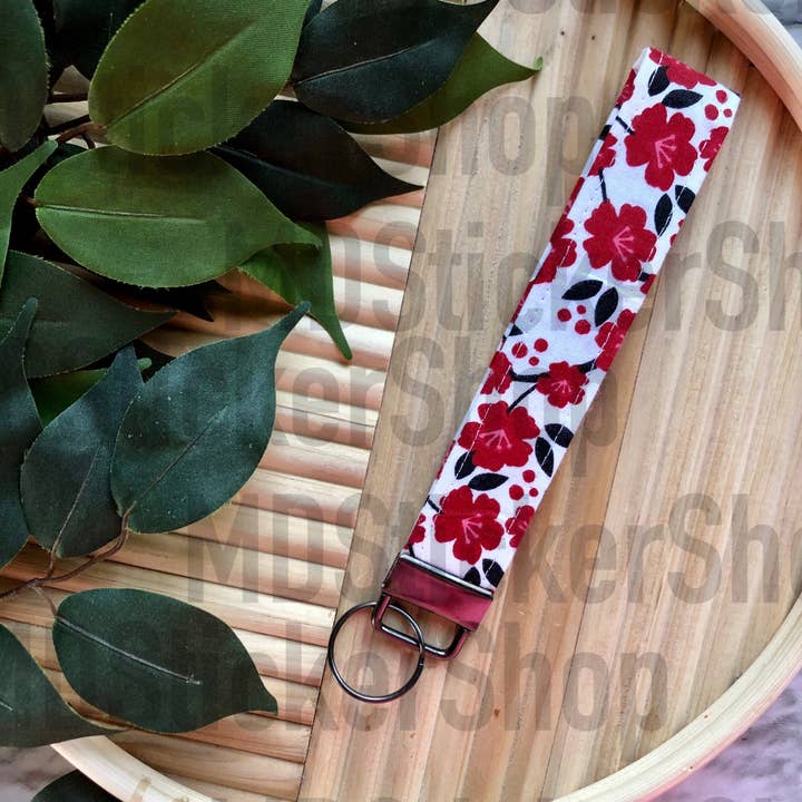 Red Floral Print Fabric Keychain for wholesale by MDStickerShop