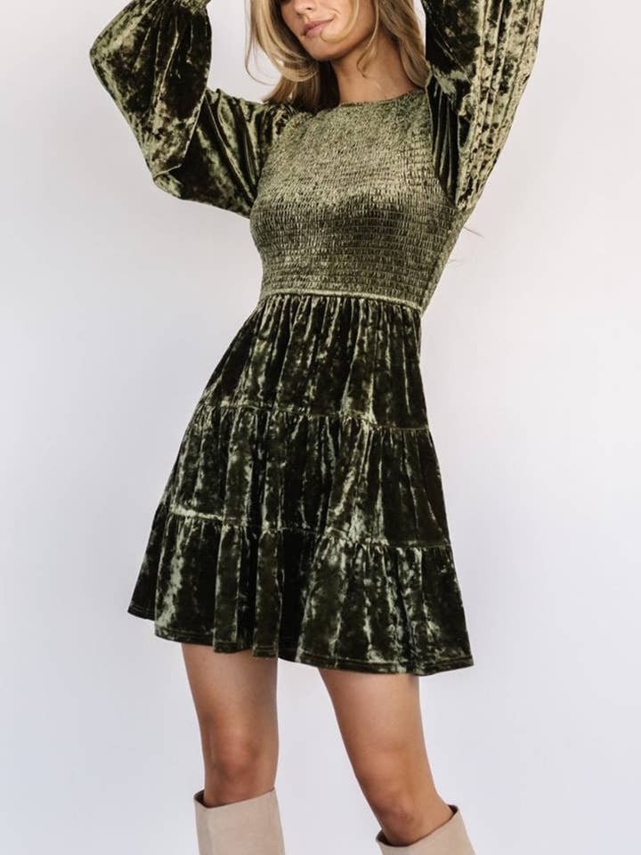 Rosa Clothing - Wholesale Dress - Women's - Velvet Ruffled Crewneck Dress9