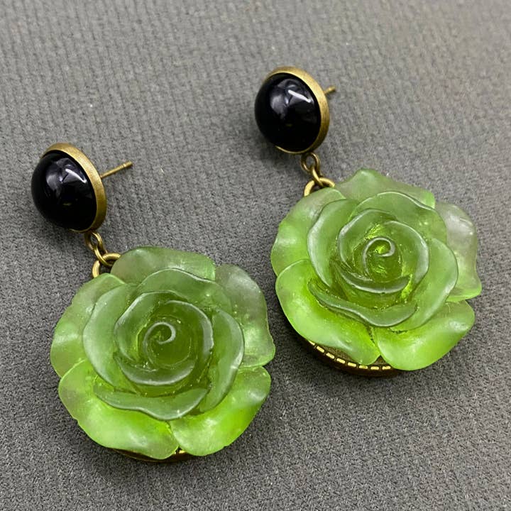 Vintage Green Glaze Flower Black Agate Post Earrings for wholesale by Mio Queena