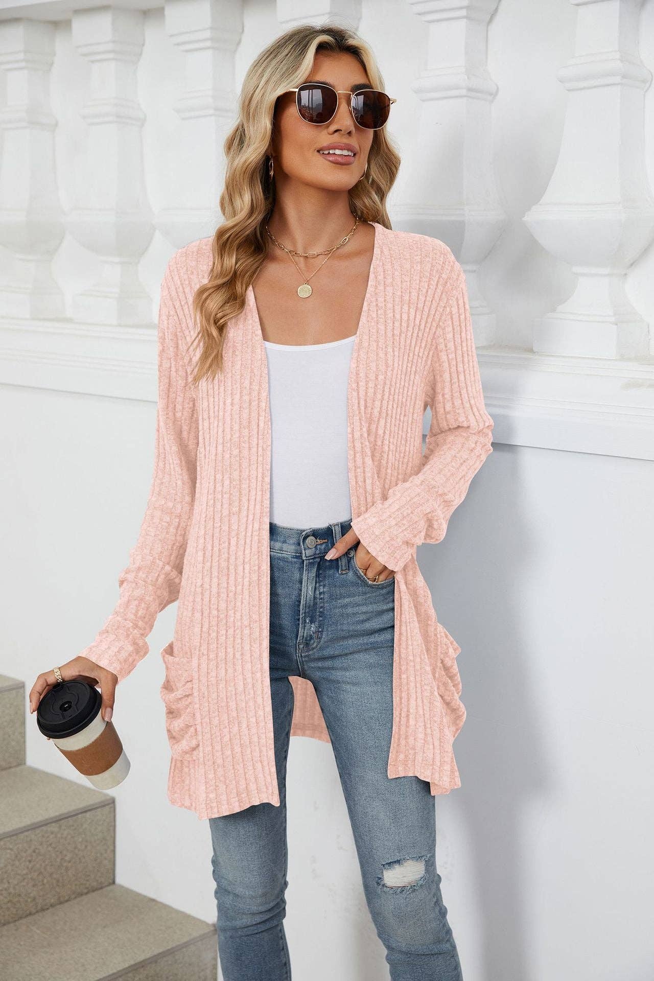 Suhkasana - Vendita all'ingrosso Cardigan - Donna - Top lavorato a maglia con cardigan a maniche lunghe e tasche semplici17