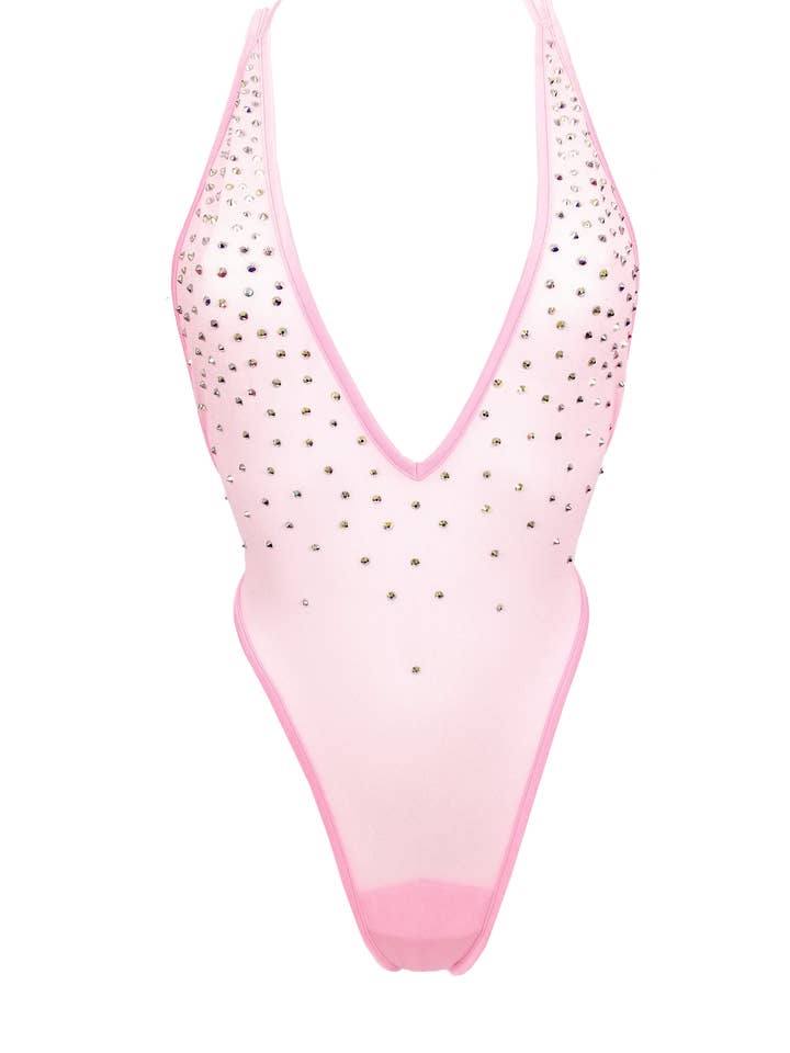 Högskuren kroppsdräkt SKINNY CRYSTALS / BABY PINK för wholesale av EXES LINGERIE