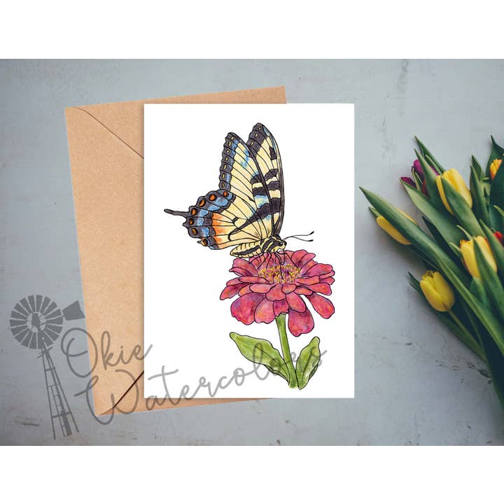 Eastern Tiger Swallowtail Butterfly on Zinnia Greeting Card for wholesale by Okie Watercolors