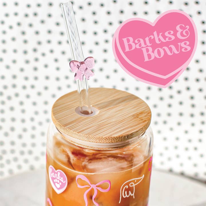Bop Pop Pets - Wholesale Drinking Glass/Cup - Barks & Bows 16oz Glass | Pink Bow Straw1