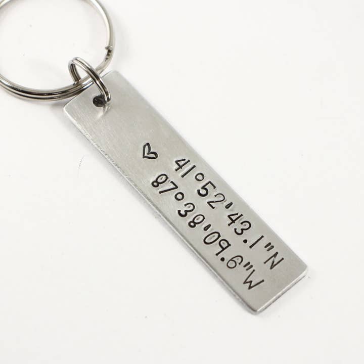 Custom, coordinate / location keychain for wholesale by Completely Hammered