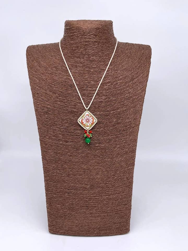 Caltagirone Ceramic Tile Necklace, Cart Wheel, white beaded chain for wholesale by DD Ceramiche Siciliane