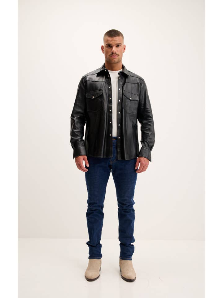 Men's Genuine Lambskin Leather Shirt - Black for wholesale on Faire9