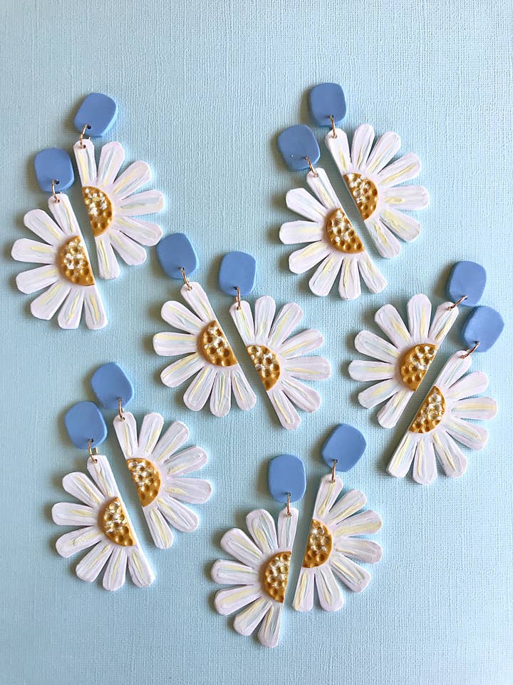 Modern Daisy Handpainted Clay Statement Earrings for wholesale by Sun Sprinkles