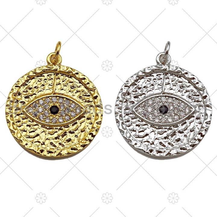 BestBeads&Beyond – wholesale Individuell berlock/hänge – 18K guld silver bana onda ögat mynt form hänge/charm, skydd öga armband halsband charm, onda ögat hänge charm, 21mm, sku #Z1246
