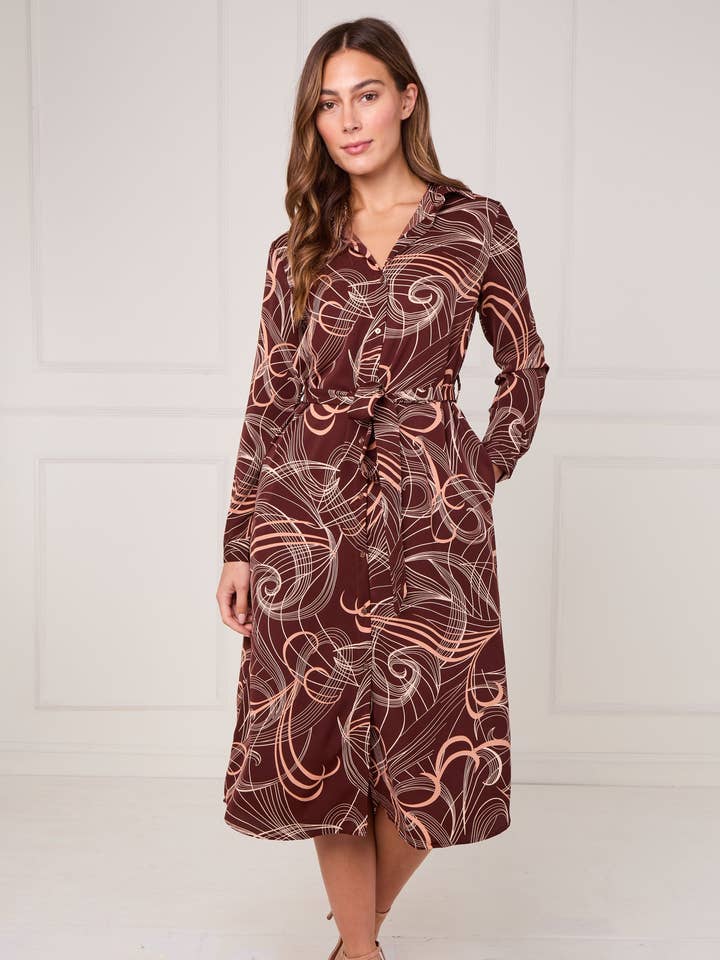 8 st Choklad Abstrakt Virvelmönster Midi Skjortklänning för wholesale av Love Sunshine Wholesale
