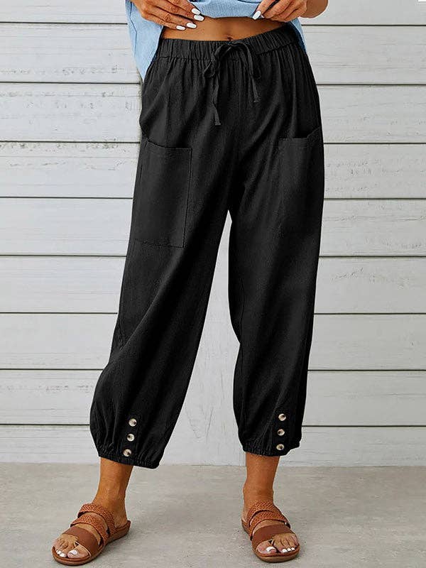 Plush Looks - Wholesale Pants - Women's - High Waisted Loose Buttoned Drawstring Elasticity Pockets Split-Joint Ninth Pants Trousers10